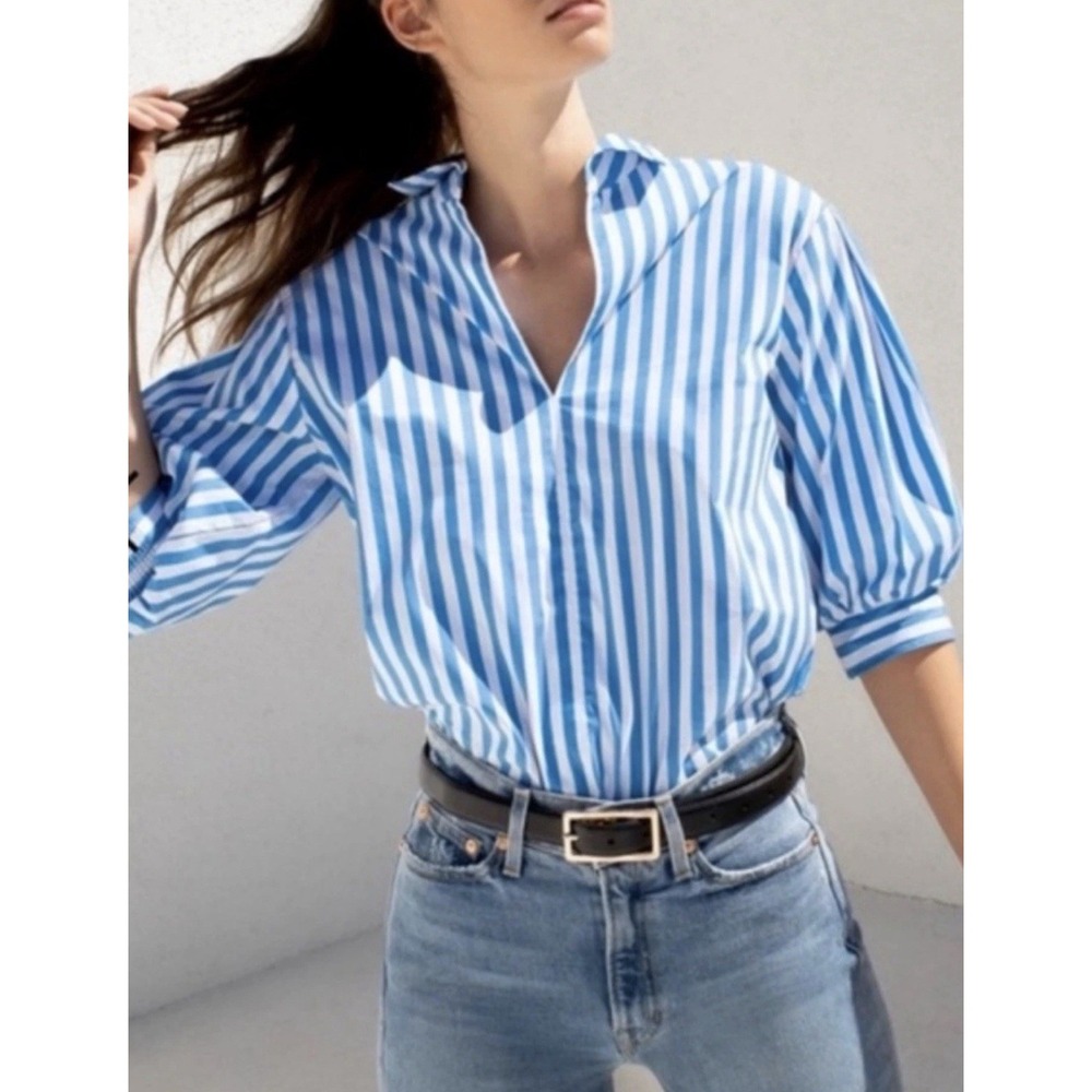 AYR Capeside Top Medium Athens Blue Puff Sleeve Popover Collared Cotton Poplin